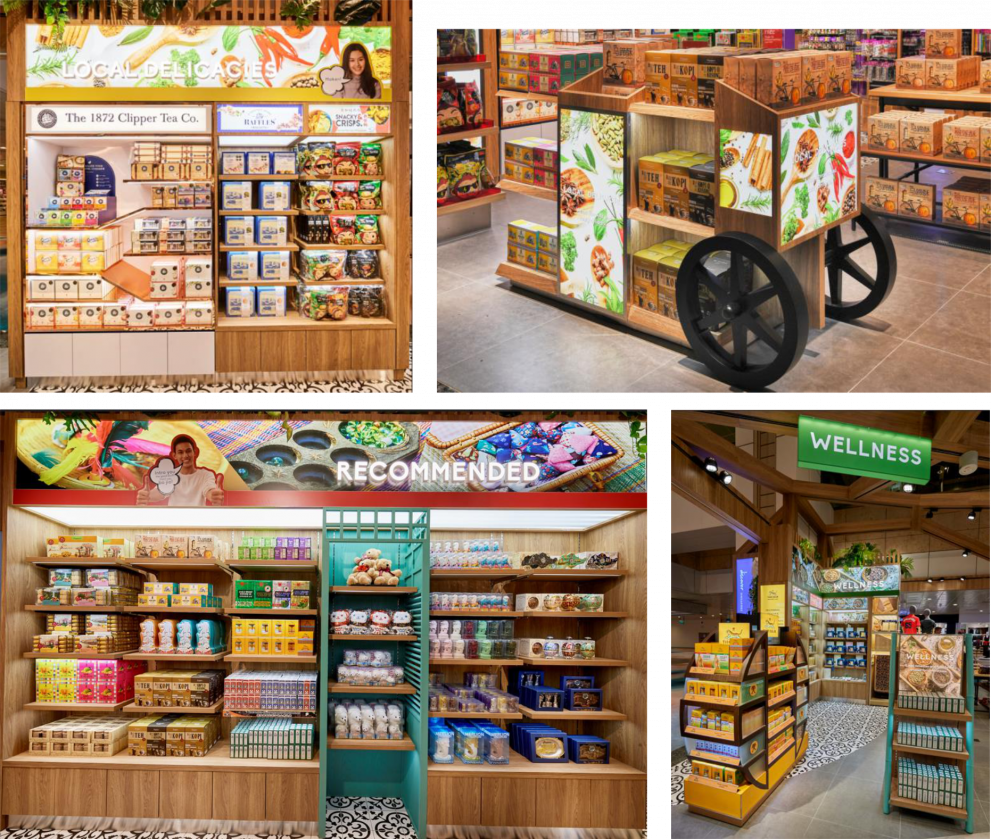 Discover Singapore clear product category zoning signage with localised language visual communication messages.